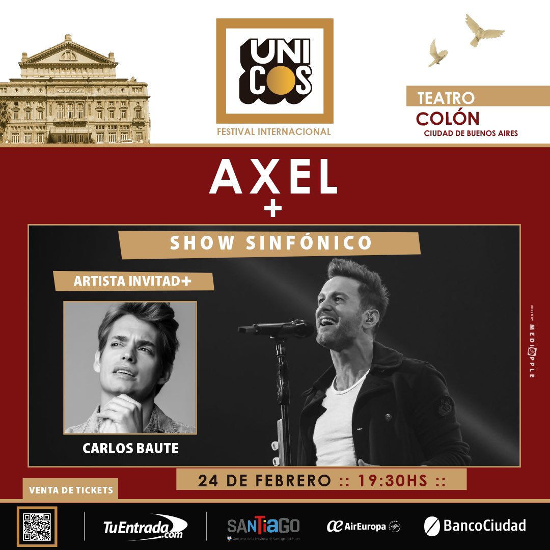 AxelOficial's tweet photo. Tengo el placer de anunciarles que @carlosbaute es mi próximo invitado para el concierto del @TeatroColon! Un gran artista que nos acompañará el próximo 24/2 para una noche mágica!!!

#LaMusicaNosUne 🙏 https://t.co/Ga1ApF49Nn