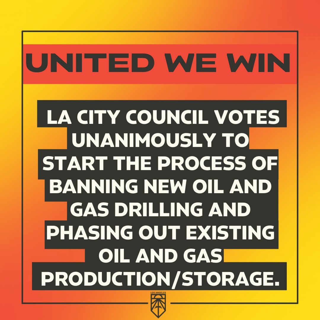 WE DID IT 🥳 Today’s historic vote to phase out oil drilling in LA City advances racial justice, environmental justice & public health. When frontline communities lead, we all win!

“It’s time to end neighborhood drilling for good.”

 #NoDrillingWhereWereLiving