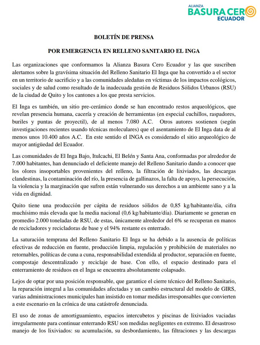 BasuraCeroEC's tweet photo. #ACTUALIZACION
📣¡Más organizaciones se suman!
Alertamos que los Derechos Humanos y de la Naturaleza están siendo vulnerados y rechazamos la respuesta de la administración municipal.
@GAIA_LAC @CEDENMA @alambiente_ec @AcEcologica @reciveci @ciecircular @arbolessinfront https://t.co/71xtbSTM2M