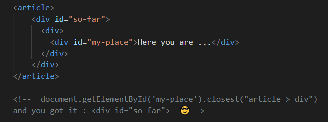 I_m_your_dev's tweet photo. Wanna target grand-parent of an element  in the DOM without insane chaining like parentNode.parentNode.parentNode 🤪 ?
Think about closest( ) 
#HTML #js #javascript #DOM #webdevelopment #coding #codingisfun https://t.co/0xFfEE1ysN