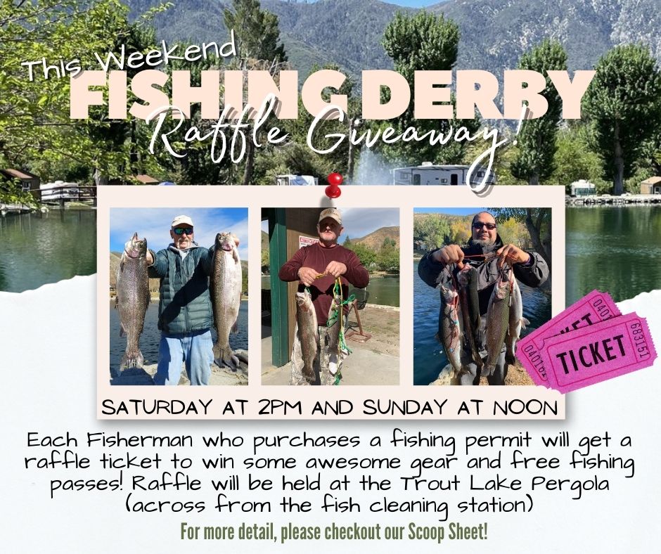MtLakes's tweet photo. This Weekend is our Fishing Derby Mania! We're having a fun raffle giveaway with tons of awesome gear prizes and even FREE fishing passes! All you have to do is purchase a  fishing pass to enter the raffle! #fishingderby #raffle #trout https://t.co/FOn4jTNlD2