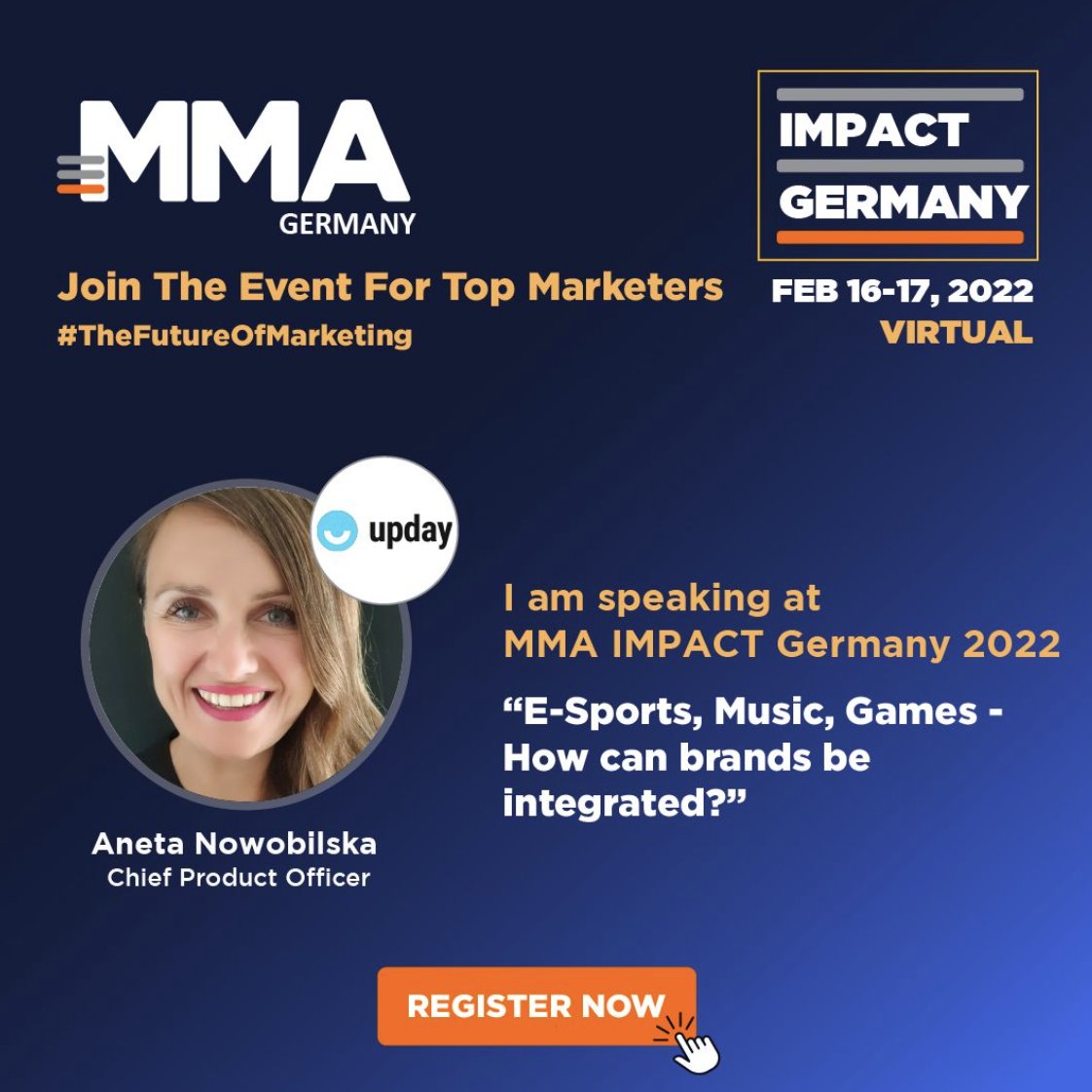 And here's some fun topic! 📱🕹UPDAY's talented CPO <a href="/AnetaNowo/">Aneta Nowobilska</a> is speaking about brand strategies for esports, music and games at the @mmagermanyorg IMPACT Germany event on 16/17th Feb. Sign up for joining: lnkd.in/dfvDZzSY 

#ImpactGermany #TheFutureOfMarketing #UPDAY