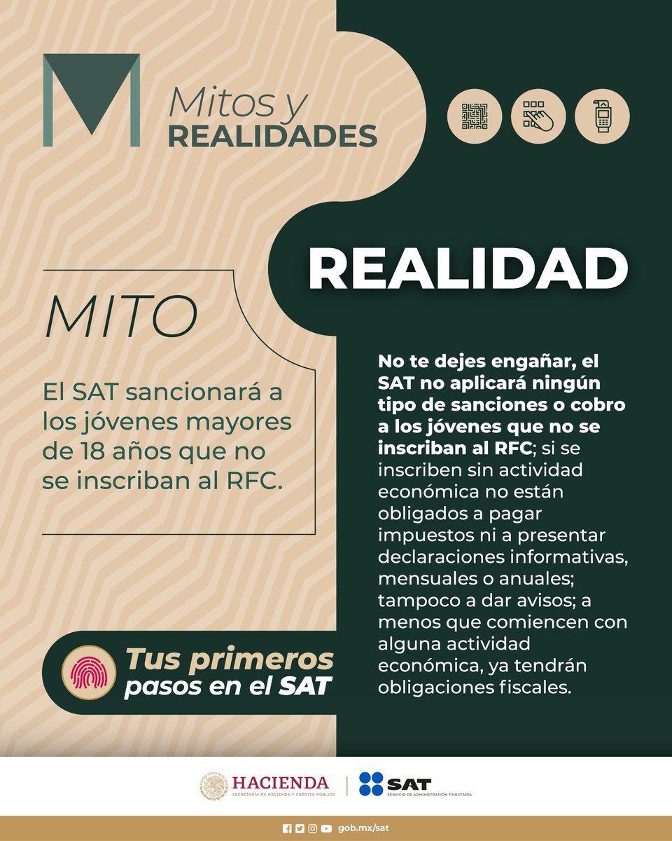 SATMX's tweet photo. El SAT busca proteger a los jóvenes de delitos como el robo de identidad. Si cumpliste 18 años y vas a tramitar tu RFC, ten en cuenta lo siguiente. 

¡No te dejes engañar! https://t.co/2pP5oBRnka