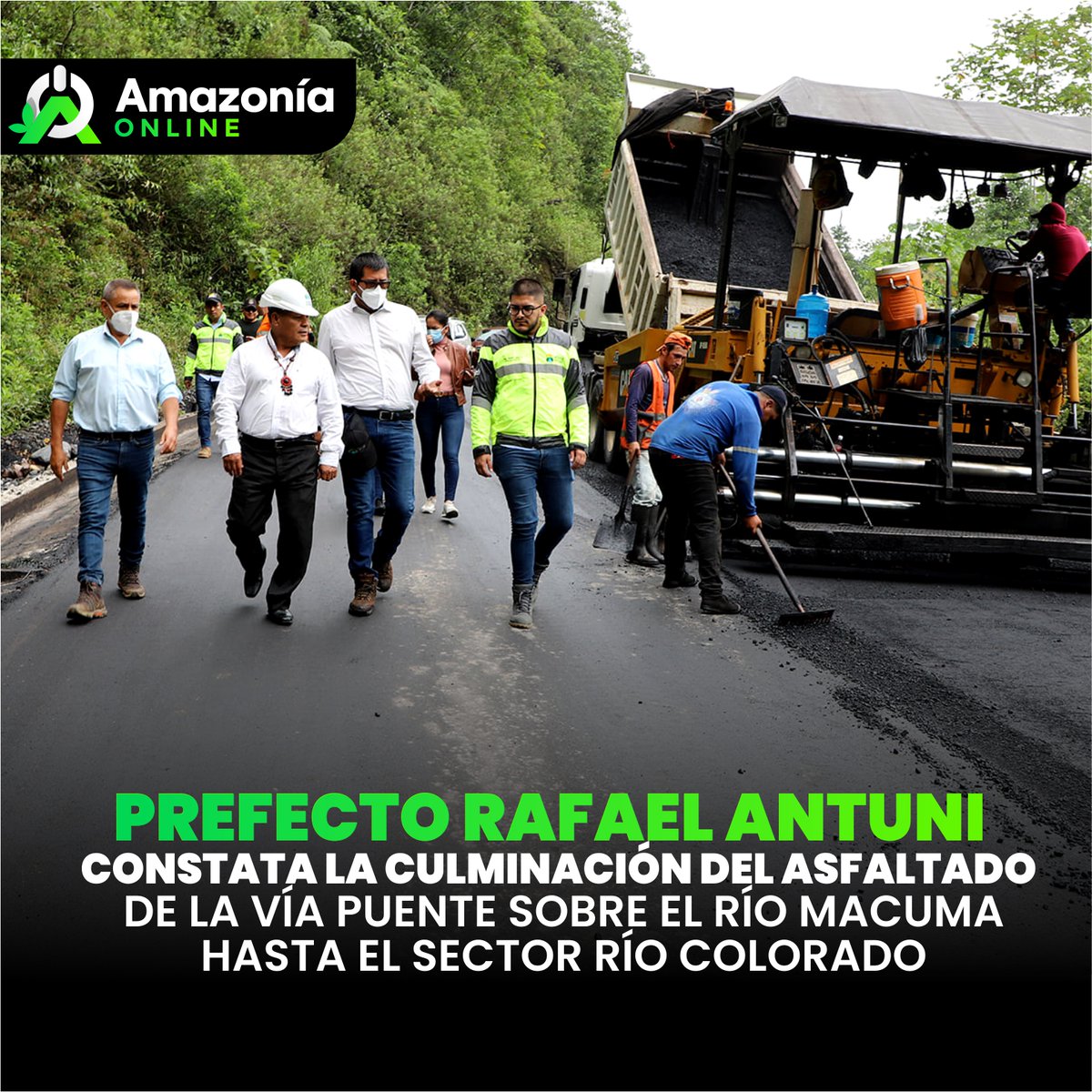 AmazoniaON's tweet photo. 6 kilómetros de asfalto del tramo desde el Puente del Río Colorado hasta el sector del río Colorado-Comunidad Yukaip, de la parroquia Macuma en el Cantón #Taisha, en la vía Evenecer – Macuma – Taisha, fueron entregados a la provincia de #MoronaSantiago https://t.co/lCv3hO89dK