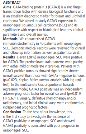 UTSW_Pathology's tweet photo. A newest publication from our GI group -- GATA3 positivity is associated with poor prognosis in patients with oesophageal squamous cell carcinoma. @UTSW_GIpath https://t.co/s5Vofpud9N