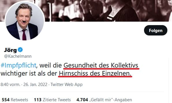 'Der gesundheitliche Zustand des Einzelnen darf nicht gegen Interessen der Allgemeinheit verstoßen, sondern muß im Rahmen des gesamten und zum Nutzen aller erfolgen.' Wetterfrosch @Kachelmann zitiert wörtlich aus dem Parteiprogramm der NSDAP. Erstaunlich, oder? :) #Impfpflicht