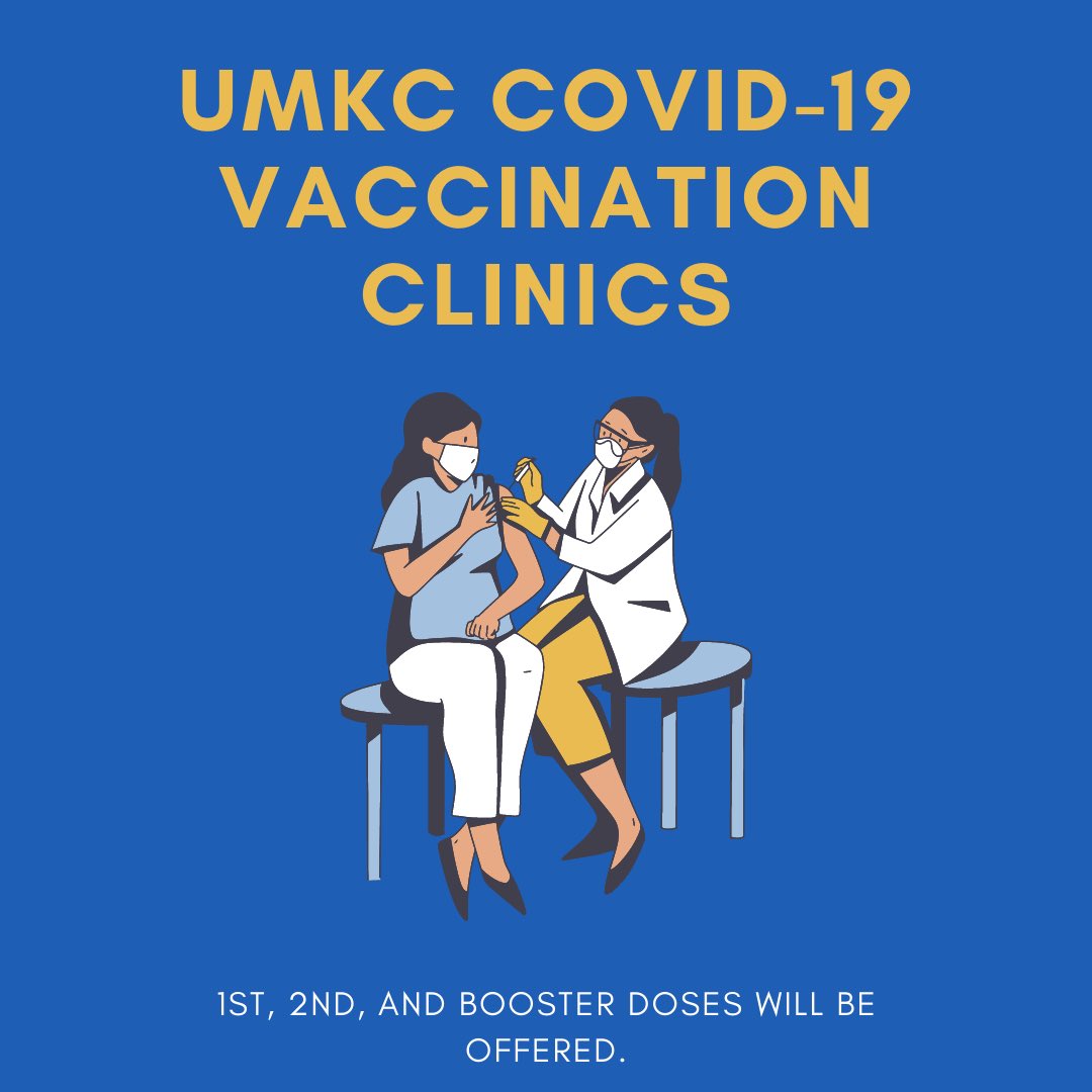 UMKCStudentGov's tweet photo. UMKC is hosting vaccination clinics throughout the spring semester! This is a great opportunity to get vaccinated or boosted. Swipe over to view the location, dates, and times. #RooUp 😊 https://t.co/i0XmyiNko7