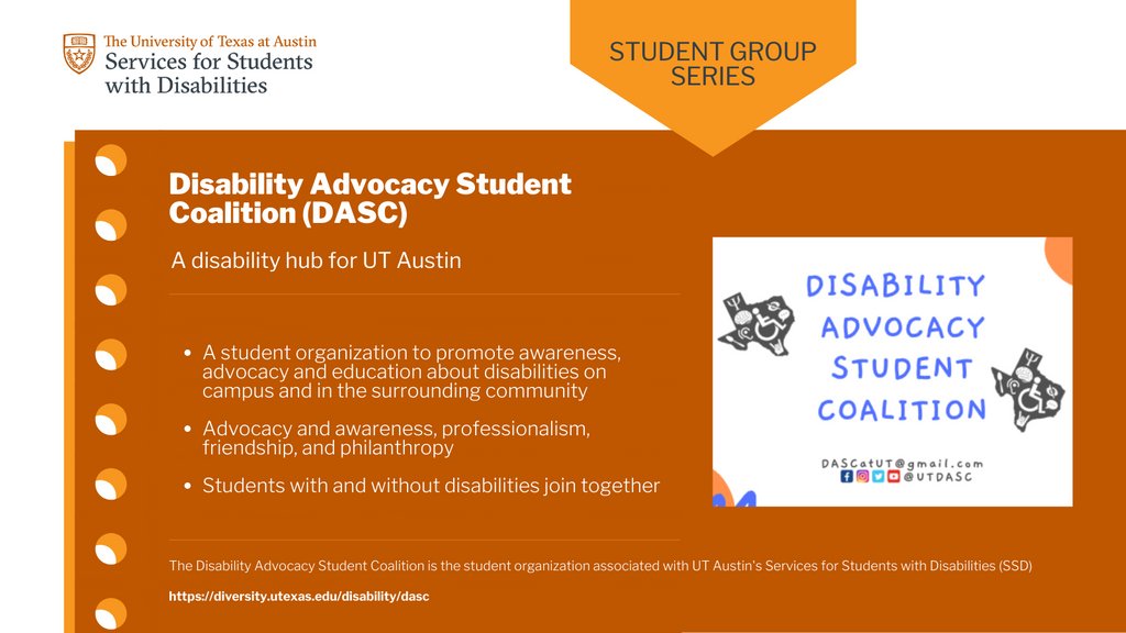 Access_UT's tweet photo. We're highlighting the Disability Advocacy Student Coalition (@UTDASC) to help launch a series featuring student groups around campus! 

DASC promotes awareness, advocacy and education about disabilities on campus and in the surrounding community. https://t.co/bjmt6II3Fr https://t.co/NsKg1JLocu