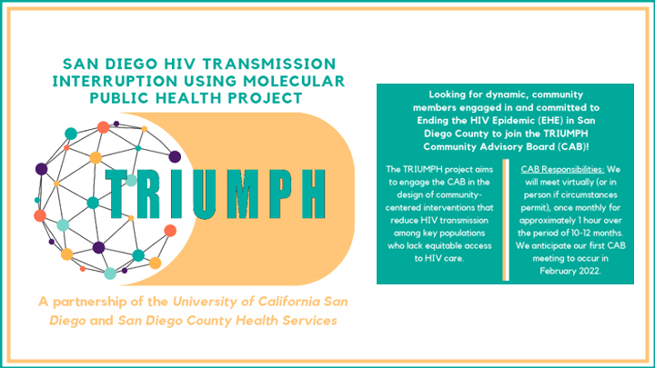 #SanDiegans: The TRIUMPH project is seeking dynamic community leaders who are engaged in &amp; committed to Ending the #HIV Epidemic to serve on its Community Advisory Board (CAB). DM <a href="/KiyomiTsuyuki/">Dr. Kiyomi Tsuyuki</a> today.