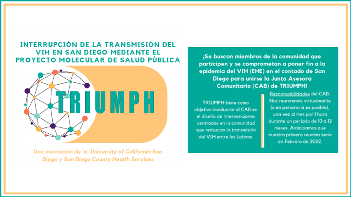 ¿Vives en San Diego? El proyecto TRIUMPH está buscando líderes comunitarios que participen y se comprometan a poner fin a la epidemia del #VIH para servir en su Junta Asesora Comunitaria (CAB). Mensaje directo a <a href="/KiyomiTsuyuki/">Dr. Kiyomi Tsuyuki</a> hoy.