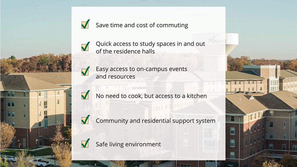 MasonHousing's tweet photo. ✨ Perks of living on-campus 🏡
 
✔️ Save time and cost of commuting
✔️ Easy access to on-campus events and resources
✔️ Develop lifelong friendships

Don't miss your chance to be part of an amazing community!
Application closes Feb 1 at 11:59 PM!

👉 https://t.co/iC31xoHNWO https://t.co/AQjFVHmN4a