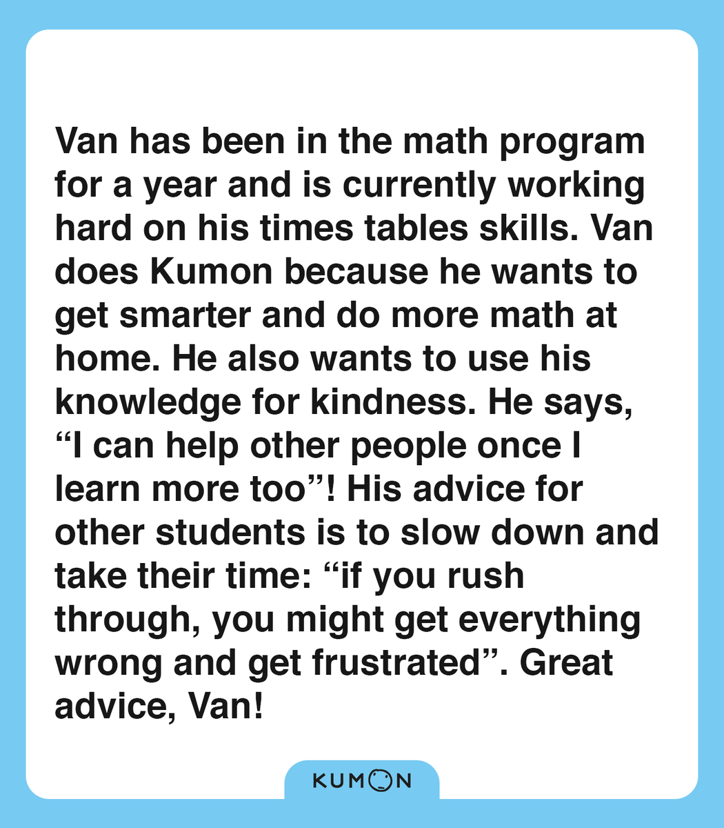 guildfordkumon's tweet photo. “I can help other people once I learn more too!” -Van #leaderforlife
Van has been in the math program for a year and is currently working hard on his times tables skills.
Want your child featured in our #HumansOfKumon series? Let us know! https://t.co/GJwa70QxO4