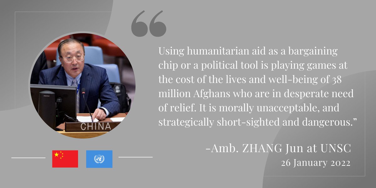 ChinaAmbUN19_24's tweet photo. Using humanitarian aid as a bargaining chip or a political tool is playing games at the cost of the lives and well-being of 38 million Afghans who are in desperate need of relief. It is morally unacceptable, and strategically short-sighted and dangerous. https://t.co/kAxdmVZo5v
