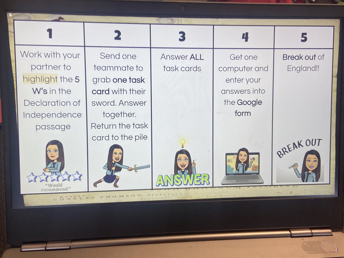 4th grade historians broke out of England today! They read a passage about the Declaration of Independence, then used George Washington’s “sword” to grab task cards. The code was hidden in the answers 🇺🇸 #iteach4th #ihpromise