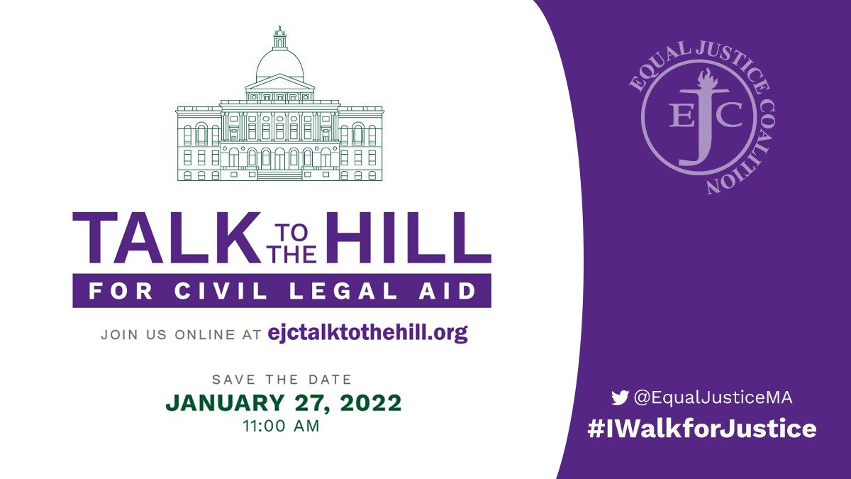 Join <a href="/EqualJusticeMA/">EJC</a> tomorrow, January 27, at 11 a.m. to advocate for $41 million in #civillegalaid funding in the FY23 state budget. If you haven't already, register at ejctalktothehill.org. 

#mapoli #IWalkForJustice #AccessToJustice #LegalAidChangesLives