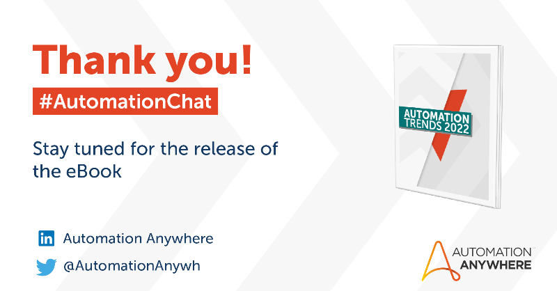 AutomationAnywh's tweet photo. Missed the tweetchat?
Don't worry... you can still join the conversation using the hashtag: #AutomationChat
See the questions below 👇 we'd love to hear your insights!
#RPA #Automation #Afterhours #Tweetchat