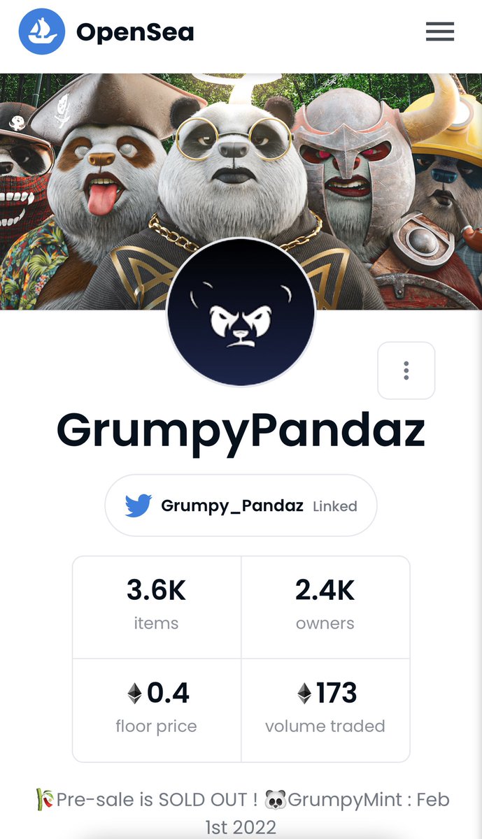 AlNeri3's tweet image. For once I bought the right project . 
Time to get in early .

From floor .2 to .4 i an hour and will go up even further! 5ETH GANG 🐼 

Don&apos;t be silly these pandaz won&apos;t be that cheap ever again! 🔥
@Grumpy_Pandaz 
 #GrumpyPandaz #5ETHGANG