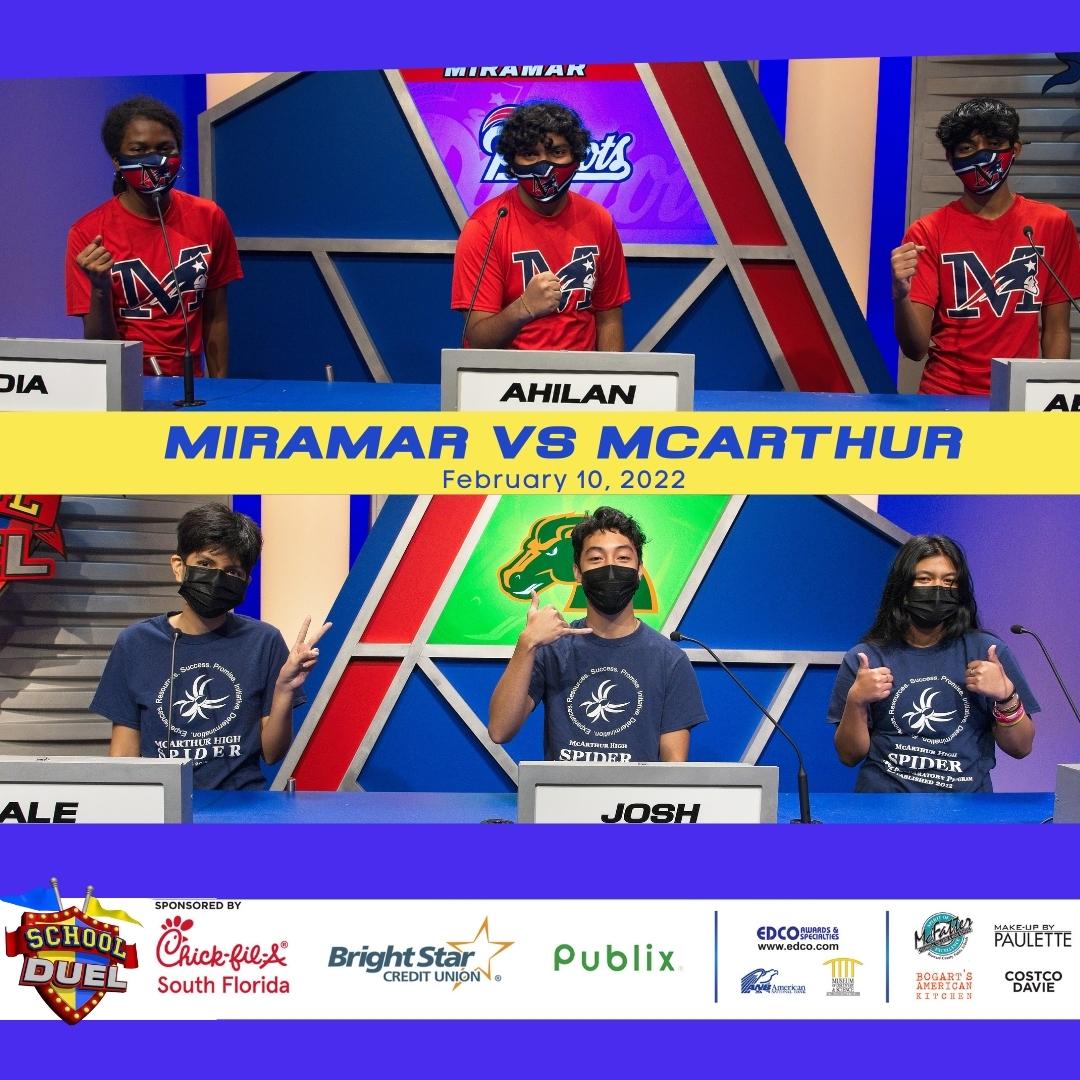 A new season of School Duel begins airing soon!

Meet Miramar High and McArthur High! 
Watch these two schools play on School Duel Feb 10th at 8pm on <a href="/BECONTV/">BECON-TV</a> !

(ch 488 &amp; 19 Comcast, ch63 AT&amp;T/Dish/Directv)

<a href="/msformoso/">Director Formoso</a> <a href="/abroomsville/">One Nation, Panther Nation!</a>