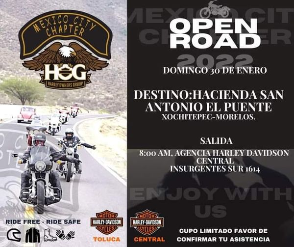 HOG_M_X's tweet photo. Domingo 30 Enero nuestro #OpenRoad Hacienda San Antonio el Puente, salimos de HD-Central - Cupo Limitado -
#UnitedWeRide Go ride. Further. Faster. Leave no mile unturned. #HarleyDavidson #Hog_Mcc https://t.co/U4vkP9Jszj