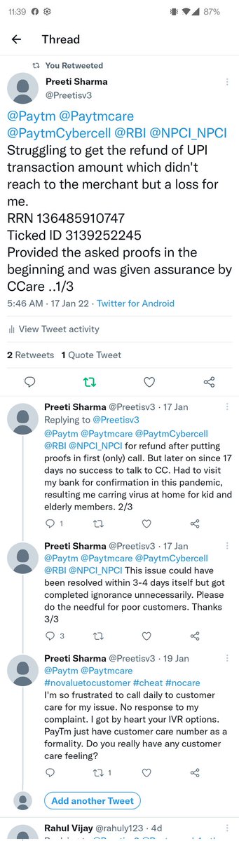 Preetisv3's tweet photo. @vijayshekhar @Paytmcare
Hello Vijay ji, can i expect response from Paytm for my issue? It is really surprising that I have not got a single response yet. Customer care is only for namesake. https://t.co/zIJBNrRnKH