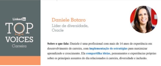 OracleInclusion's tweet photo. Huge congratulations & kudos to @OracleDiversity #LatinAmerica Division senior manager Daniele Botaro for being recognized as one of @LinkedIn's Top Voices! Daniele has made a wonderful impact on #DEI in Brazil and beyond & she's a great asset to our #Diversity & #Inclusion team https://t.co/wvifh79FWb