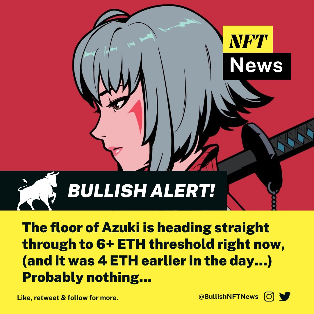 [#NFT] The floor of Azuki is heading straight through to 6+ ETH threshold right now (and it was 4 ETH earlier in the day!) Probably nothing...
@AzukiZen 
Source : opensea.io/collection/azu…

#NFTCommunity #Azuki #AzukiArt #NFTartists #NFTCollection