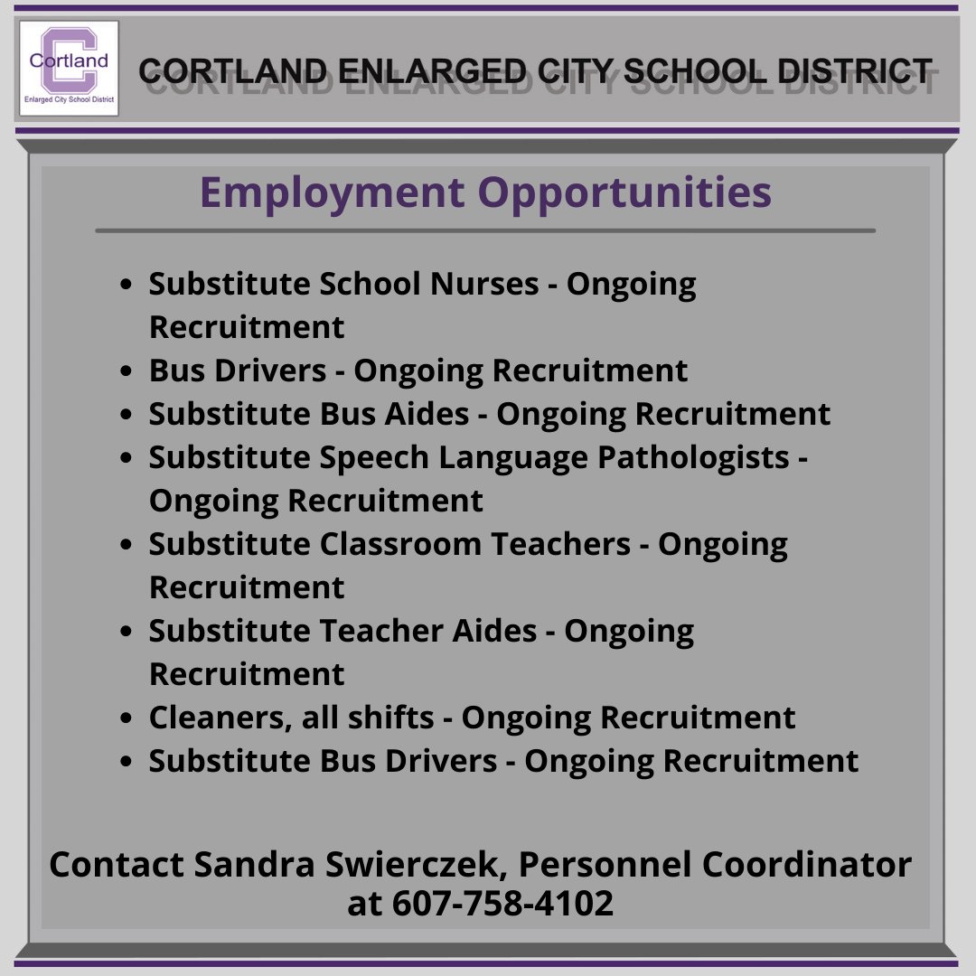 CECSDistrict's tweet photo. Come and join the Purple Tigers Team! #WeAreCortland https://t.co/BYE9GnuCVm