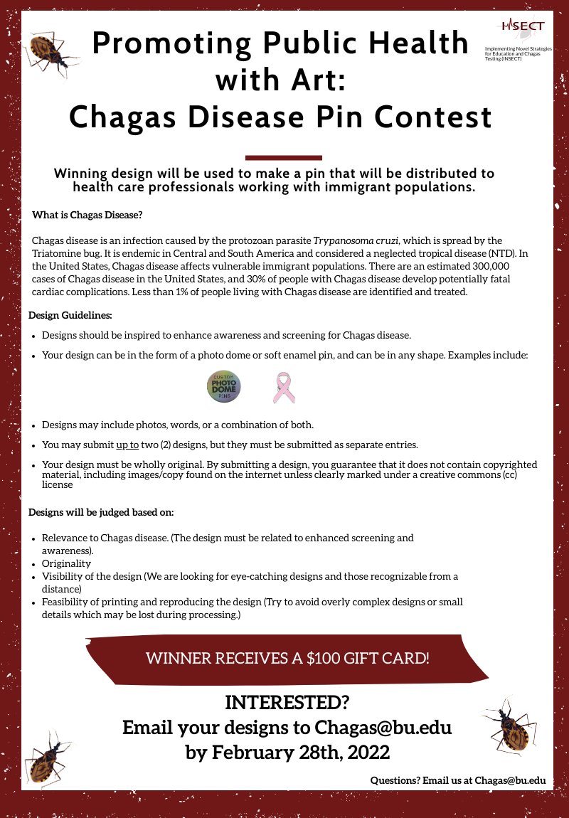 ChagasBoston's tweet photo. ATTENTION: We have decided to move the deadline of our contest to 2/28 due to recent COVID events. We appreciate all of the entries we have received so far and are excited to see more! If you're an #artist or are passionate about #immigranthealth, submit your design today! https://t.co/5m4k3NZsm0