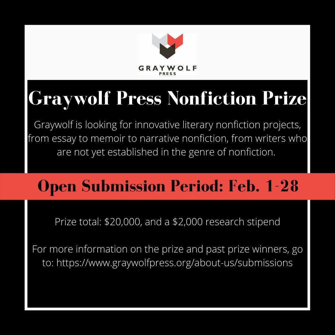 📢 Spread the news! The submission window for the Graywolf Press Nonfiction Prize opens next week! 

Click below for more info (and the Submittable link, which goes live on 2/1). We can't wait to read your work! 

graywolfpress.org/about-us/submi…