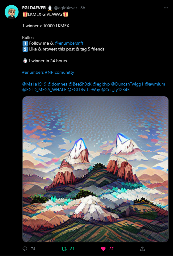 eNumbersNFT's tweet photo. Wow! we have two members on a battle for most engagements.⚡️
We see you guys have some nice initiatives👀
GL 🙏
check Discord or Twitter or info on the contest.
https://t.co/EzUW7U7mAX
#NFTCommunity #ElrondNFT #enumbers https://t.co/MTU5IGsydX