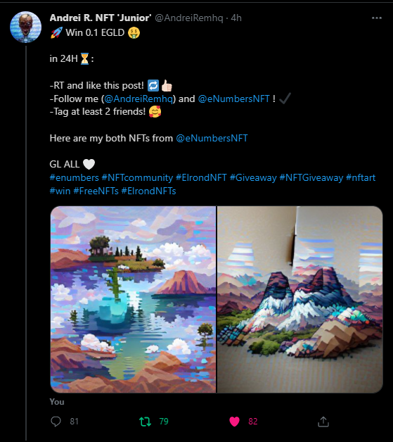 eNumbersNFT's tweet photo. Wow! we have two members on a battle for most engagements.⚡️
We see you guys have some nice initiatives👀
GL 🙏
check Discord or Twitter or info on the contest.
https://t.co/EzUW7U7mAX
#NFTCommunity #ElrondNFT #enumbers https://t.co/MTU5IGsydX