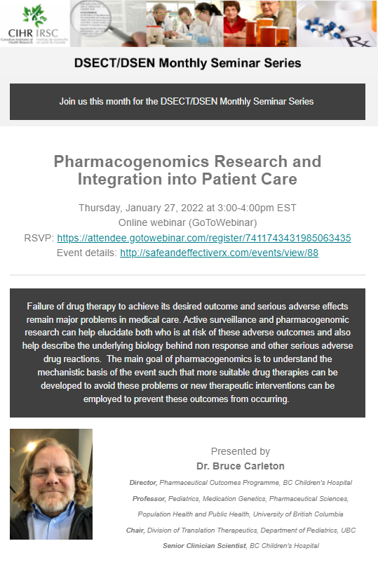 RSVP to join the Monthly Seminar Series tomorrow 3pm EST where Dr. Bruce Carleton (UBC) will be speaking on 'Pharmacogenomics Research and Integration into Patient Care' bit.ly/3o3YPkX