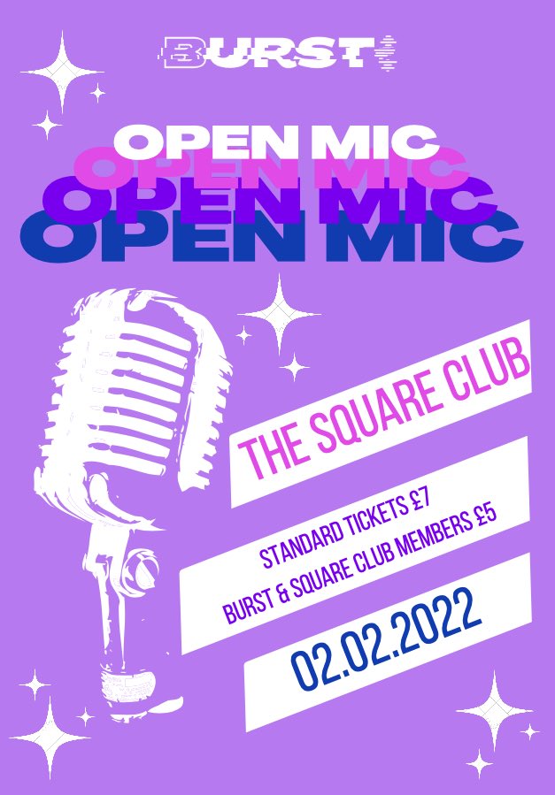 Come to The Square Club for a night of musical talent hosted by BURST!

Tickets will be £7 or £5 if you are a BURST or Square Club Member and are available on our Facebook page. 

Can't wait to see what you all have in store!