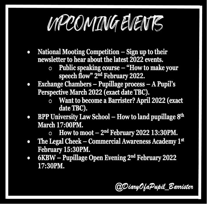 diaryofa_Barris's tweet photo. 🚨UPCOMING EVENTS 🚨
Here are a range of upcoming events with various Chambers and organisations. Now is the perfect time to get involved to give yourself a better chance with upcoming Pupillage applications &amp; interviews. 
#Pupillage #Pupillageapplications #Mooting #Barrister https://t.co/CFbAhkpQF5