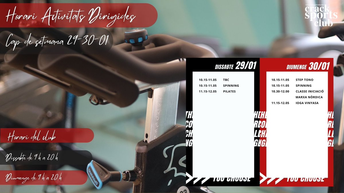 Us deixem els horaris de les activitats dirigides d'aquest cap de setmana.
Recordeu que hi ha sortida de Marxa Nòrdica el diumenge. Us podeu inscriure a través del TrainingGym.

#CrackSportsClub #Fitness #AADD #Horaris #Dissabte #Diumenge