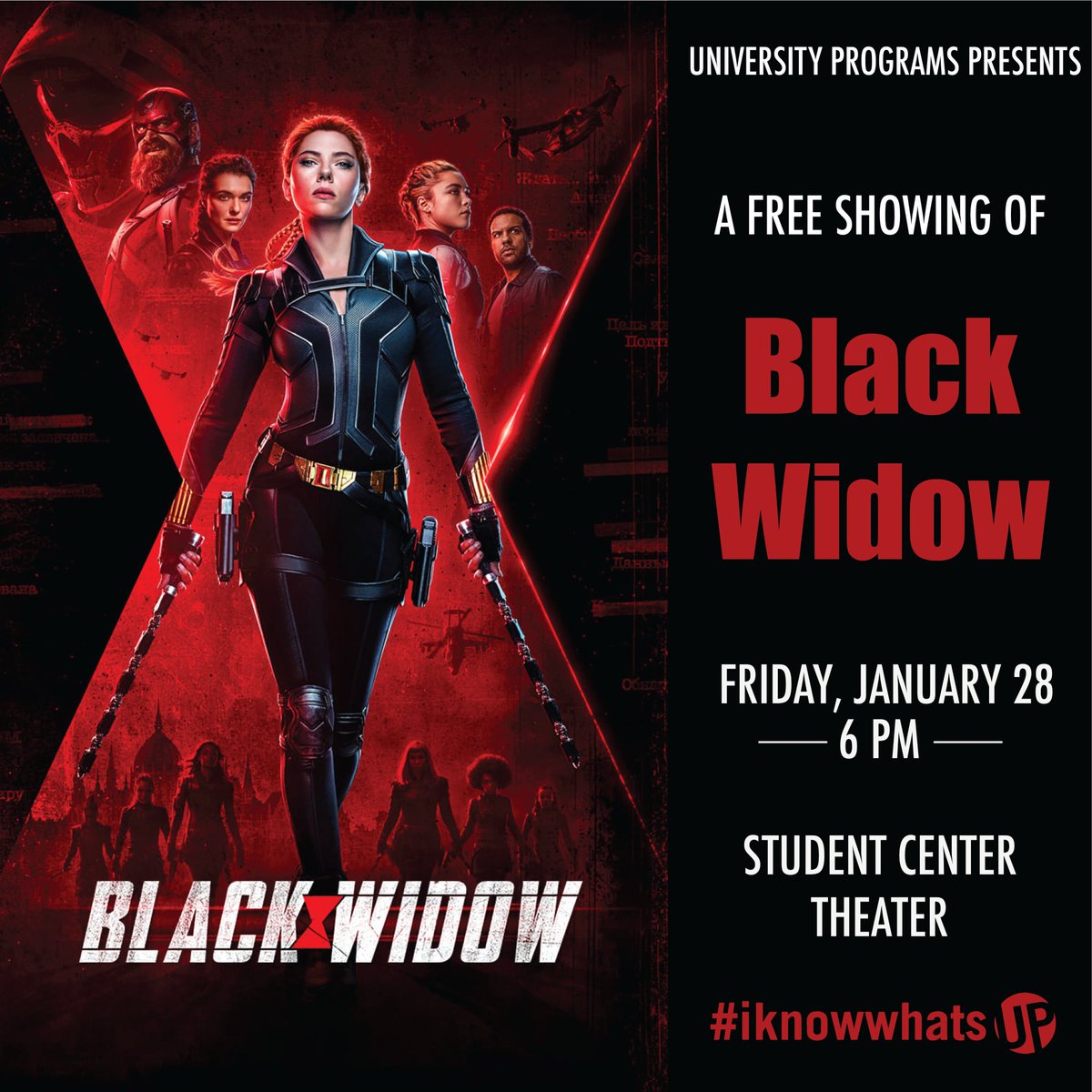 UAwhatsUP's tweet photo. Another Marvel Movie Night! 👀This time - it's Black Widow! 🕷️ Join us Friday at 6 PM in the Student Center Theater to watch Scarlett Johansson do her thing! 👩‍🦰 #iknowwhatsUP

📆 Friday, Jan. 28
📍 UA Student Center Theater
⏰ 6 PM https://t.co/e4oWjzxwrX
