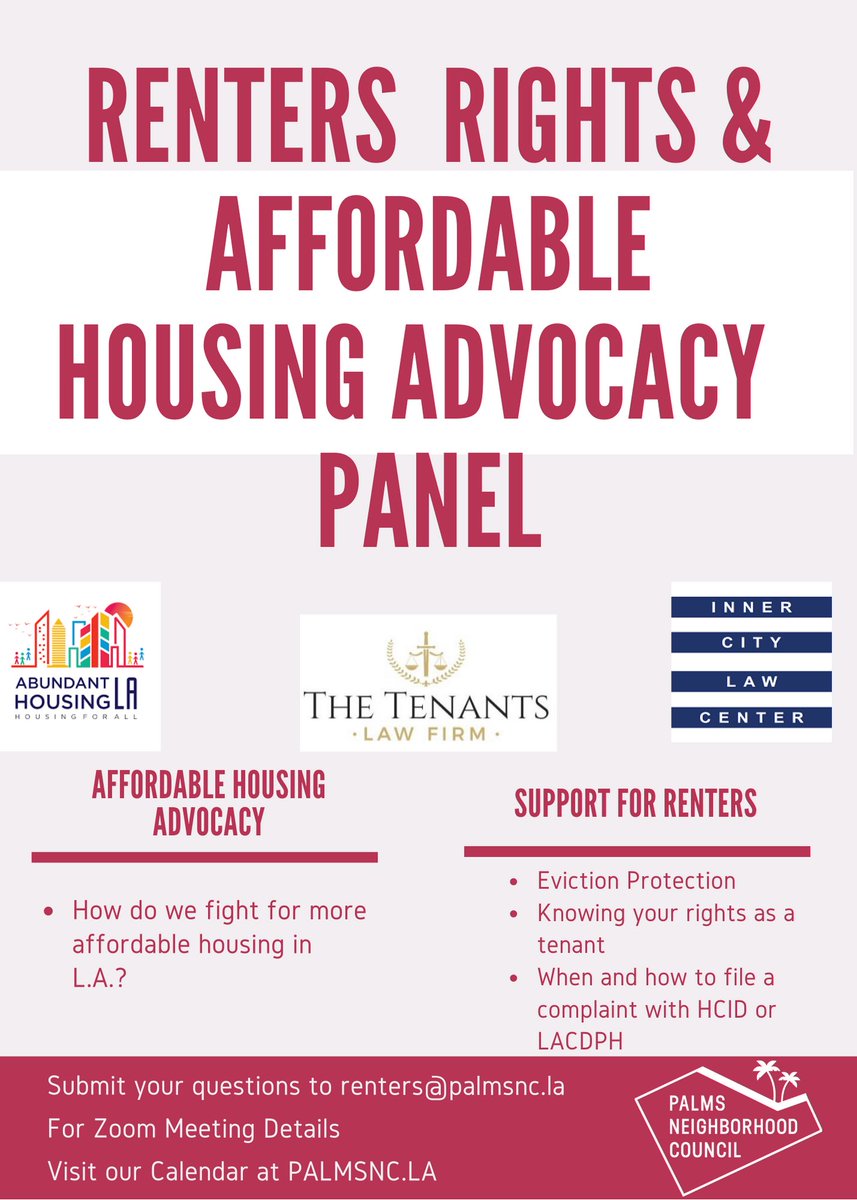 PalmsNC's tweet photo. Submit questions to renters@palmsnc.la
๐ฃ invite a neighbor, we're in this together
Visit the link in our bio for info ๐ด
#PalmsLA #WestLA #Renters #Tenants #AffordableHousing #RentersRights #Apartmentliving #Rent #advocate #neighborhoodcouncil #neighborhoodcouncils #PalmsPride https://t.co/kPttw0V0C5