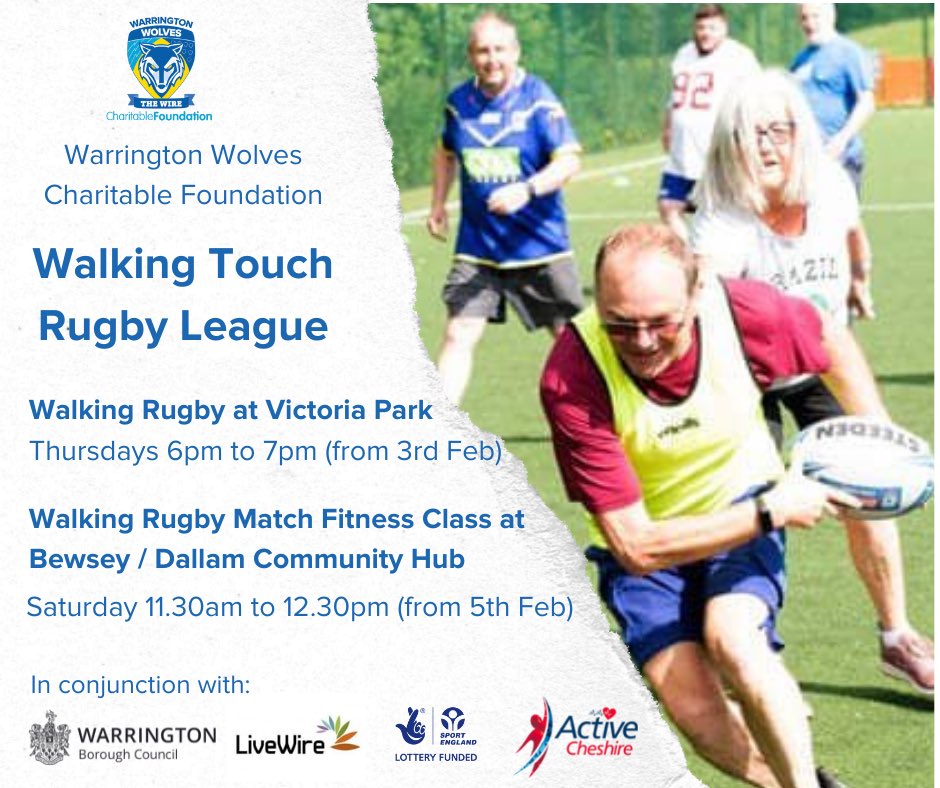 WWRLFoundation's tweet photo. In case you missed this yesterday, we’re really excited to announce our EVENING session of Walking Touch RL, in conjunction with @YourLiveWire and @WarringtonBC 

Starting next Thursday 3rd Feb!

Email markisherwood@warringtonwolvesfoundation.com for details https://t.co/r30PxDuZZy