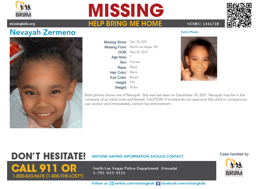 #MISSING #ALERT 
Nevayah was last seen on December 18, 2021 in #NorthLasVegas, #Nevada.  Nevayah may be in the company of an adult male and female.  CAUTION: If located do not approach the child or companions.
missingkids.org/poster/NCMC/14…