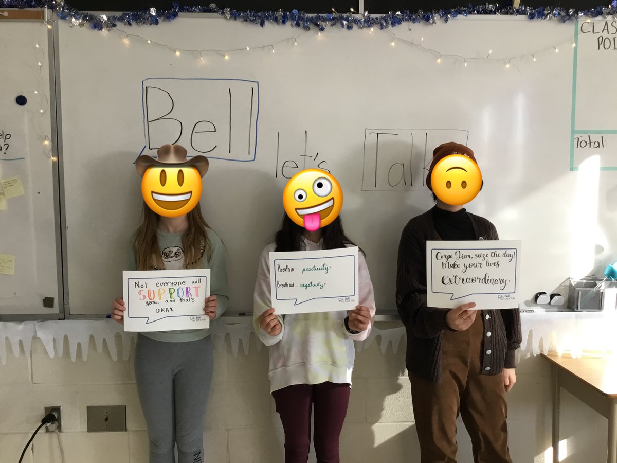 MsCherutti's tweet photo. Today is #BellLetsTalk Day. The students in my class wrote personal messages about mental health, discussed the ways in which we cope with stress/manage mental health and brainstormed how we can help end the stigma! https://t.co/GikZblaPbE