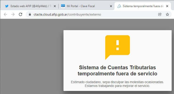 AfipWeb's tweet photo. Sistema de cuentas tributarias fuera de servicio
#ClaveFiscal
#AFIP https://t.co/OoD4zoq55X