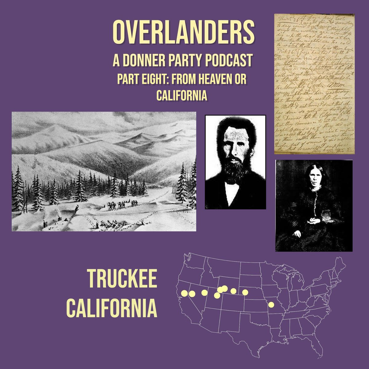 DonnerPartyPod's tweet image. Part 8 is here! Things are grim at the lake- but help is on the way.
Left to right: an artists rendering of the first relief (via npr), Patrick Breen, diary of Patrick Breen (top right), Peggy Breen (bottom right).