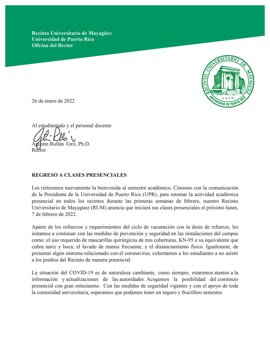 El rector <a href="/RullanAgustin/">Agustin Rullan</a> informa sobre el regreso a clases presenciales en el Recinto Universitario de Mayagüez.
