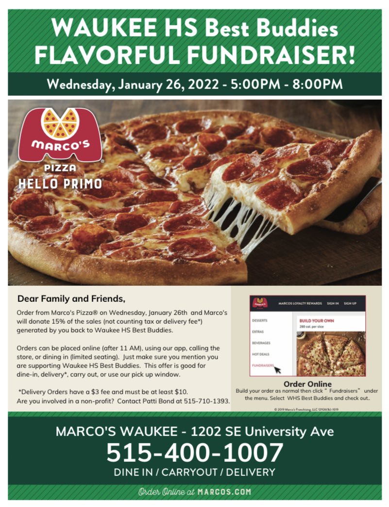 Head on over to Marco’s Pizza tonight from 5-8pm to support WHS Best Buddies and get some delicious pizza! Take a peek at the flyer to make sure you support us when you order in store or online!!