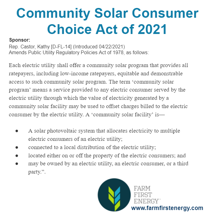 FarmFirstEnergy's tweet image. We support U.S. Rep. Kathy Castor's "The Community Solar Choice Act" - it will bring the benefits of community solar to 1000's of underserved communities across the country.

#CommunitySolar