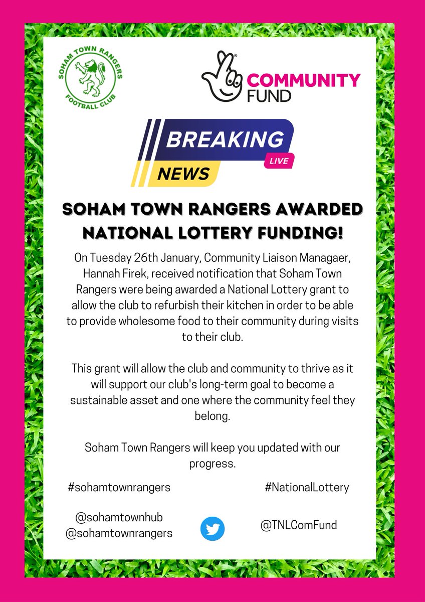 Really exciting times ahead at @SohamTownRanger after securing funding from the National Lottery to make improvements to our club, which will benefit all the wonderful people in our Community.

#tnlcommunityfund #sohamtownrangers