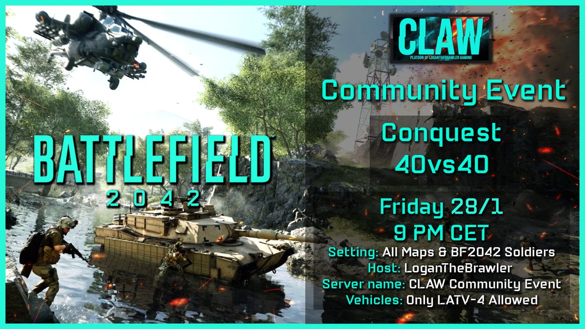 Join CLAW in a new <a href="/Battlefield/">Battlefield</a> 2042 Event!
Friday 28/1 at 9 PM CET!🐧

Server name: CLAW Community Event
🚩Conquest 40vs40 players
🗺️All Maps
🪖 BF2042 Soldiers
🟡Moderate XP

Join our Discord if you like:
discord.gg/X6B8zvBa82

#Battlefield #Battlefield2042 #BF2042