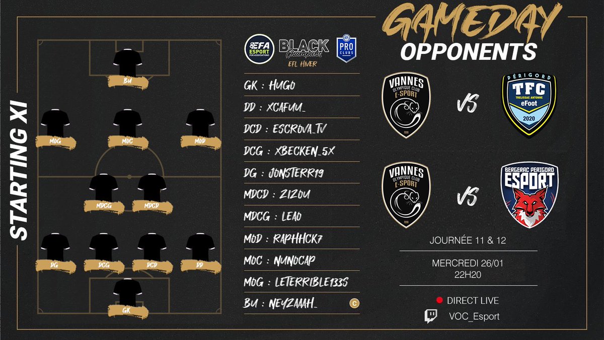 eSport_VOC's tweet image. 🔜 Soirée cruciale pour nos joueurs en @eSportFA_FR ce soir ! ⚔️

21h20 🆚 @RSAEsport 
Round 3 - EFC

22h00 🆚 @EquinoxeUnited
J11 - EFR

22h20 🆚 @TrelissaceFoot
J11- Conférence Black

22h40 🆚 @BPFC_eSport
J12 - Conférence Black

Allez le VOC ! ⚫️⚪️

#ESPORTFA22