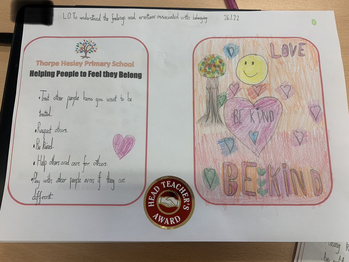 ThorpeHesleyPri's tweet photo. Class 12 have been exploring the feelings and emotions associated with belonging today in PSHE. Take a look at these amazing ideas and very impressive posters! I love ‘the path that leads to kindness’ 🥰 Mrs Shaw xx #bekind #listentoothers #givecompliments #weallbelong https://t.co/SAdDN6ujjz