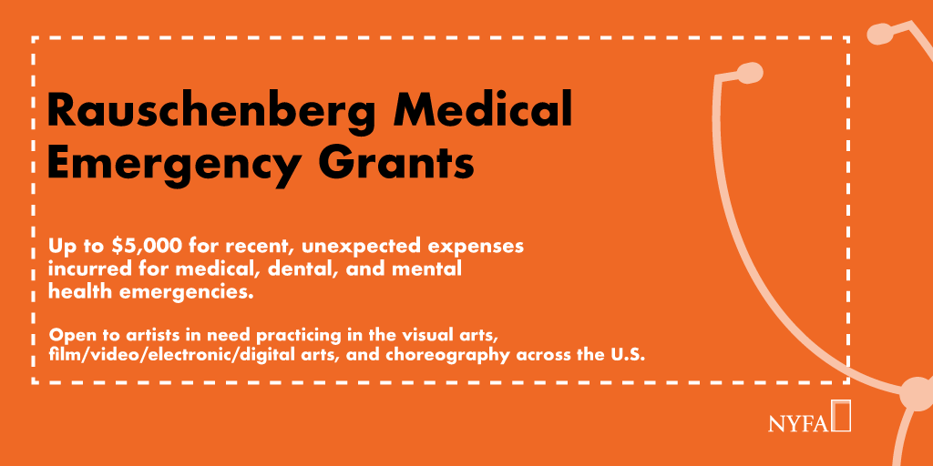 The Rauschenberg Medical Emergency Grants program provides grants of up to $5K for recent unexpected medical, dental, &amp; mental health emergencies. Apply by Feb. 7 for emergency treatment that occurred June 1, 2021 or later bit.ly/2HEzfRi <a href="/nyfacurrent/">NYFA</a> <a href="/rrauschenberg/">René Rauschenberg</a>